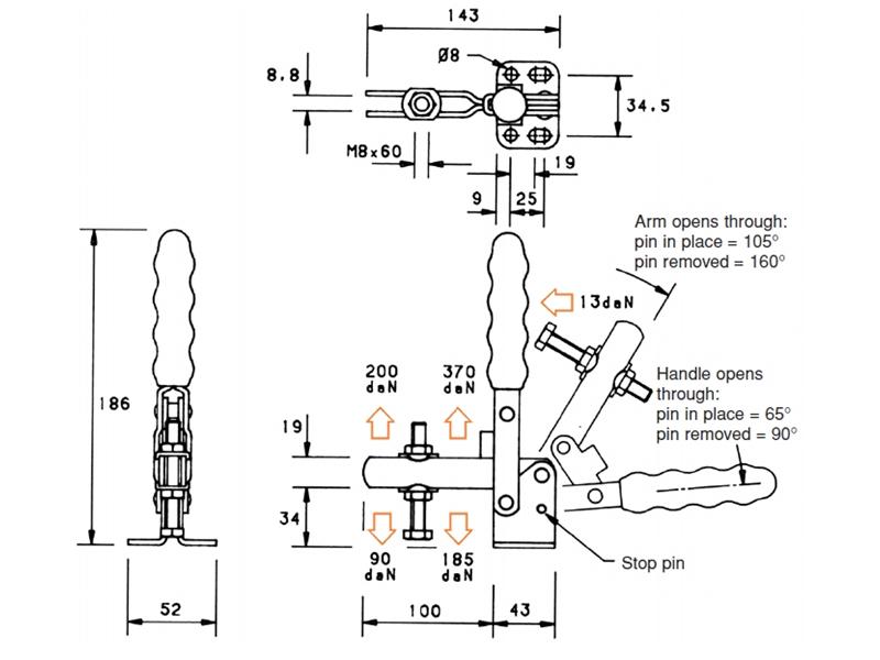 V300/2B Flanged Base Adjustable Spindle Vertical Toggle Clamps
